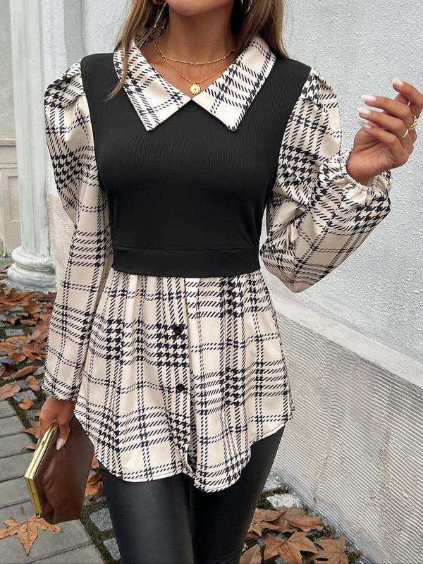 Women's Plaid Print 2 in 1 Button Front Blouse, Elegant Bishop Sleeve Collared Top for Fall & Winter, Women's Clothing for Daily Wear