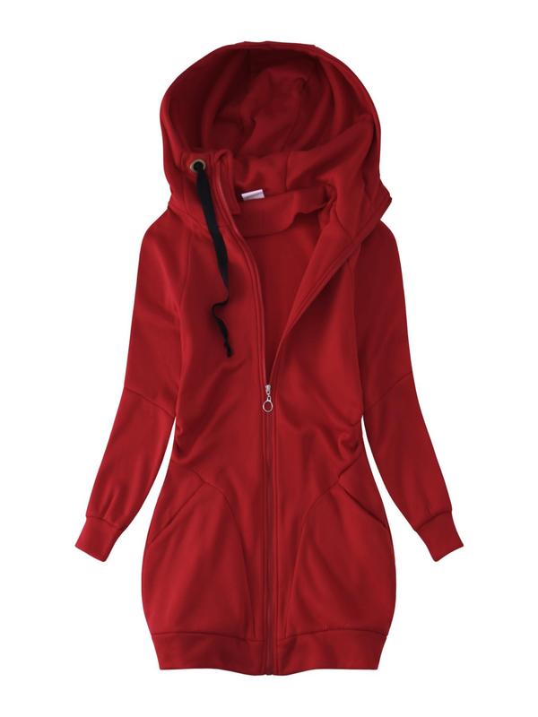 Women's Solid Ruched Drawstring Zip Up Hooded Coat, Casual Long Sleeve Pocket Outerwear for Fall & Winter, Ladies Clothes for Daily Wear