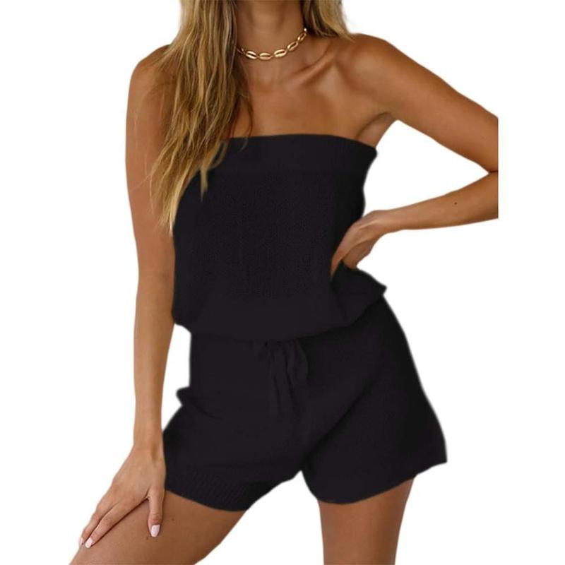 Fisoew Womens Comfort Summer Jumpsuits Casual Fitted Loose Sleeveless Off Shoulder Elastic Waist Romper Loungewear Lady Two Piece Outfits