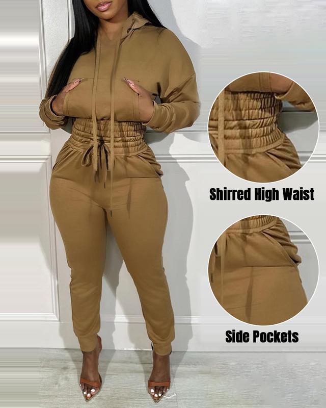 ChicMe Womens 2 Piece Outfits Lounge Hoodie Shirred Waist Pocket Design Sweatshirt Cuffed Jogger Sweatpants Tracksuit Comfort Long Sleeve