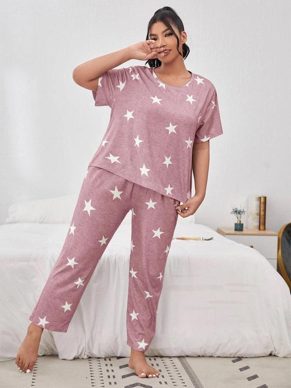 Plus Size Star Print Tee & Elastic Waist Pants Pyjama Set, Casual Comfy Round Neck Short Sleeve T-shirt & Trousers PJ Set, Women's Sleepwear for All Seasons