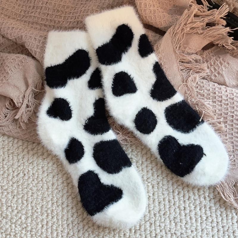 1 2 Pairs Cow Pattern Socks, Warm & Comfy Fluffy Slipper Floor Socks Women's Cow Stockings & Hosiery Womenswear Underwear Lady Comfort