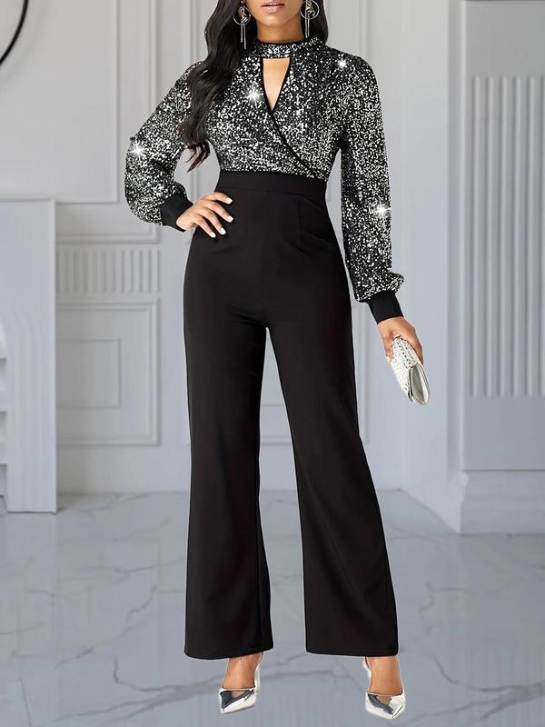 Women's Glitter Contrast Sequin Flare Leg Jumpsuit,  Jumpsuit for Women, Elegant Bishop Sleeve Cut Out Jumpsuit, Jumpsuits for Women, Ladies Summer Clothes, Womenswear