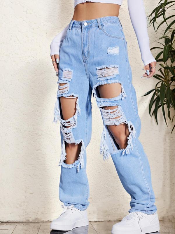 Women's Plain Ripped Button Fly Straight Leg Jeans, Fashion Casual Pocket Design High Waist Denim Trousers for Daily Wear, Ladies Bottoms for All Seasons