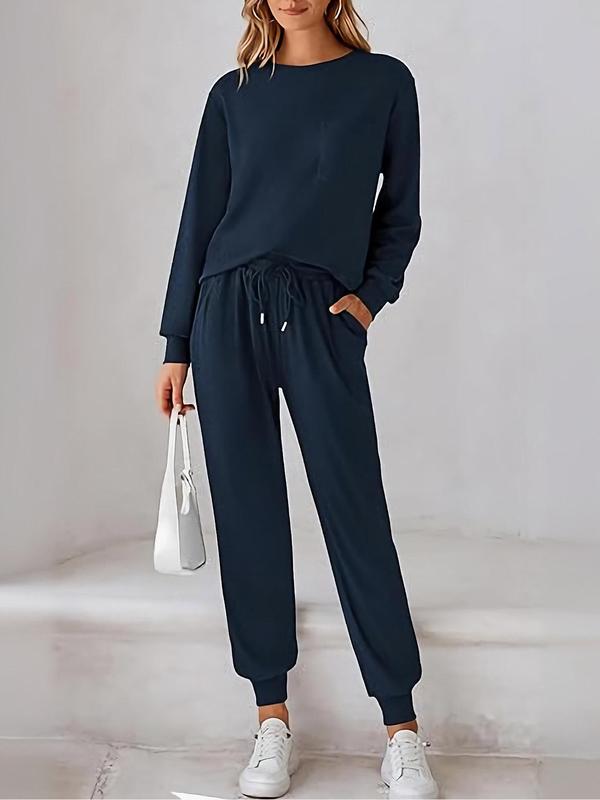 Women's Plain Long Sleeve Tee & Drawstring Waist Pants Set, Casual Round Neck Top & Trousers 2-piece Set for Fall & Winter,  Pants Suit Sets for Women, Women's Clothes for Daily Wear