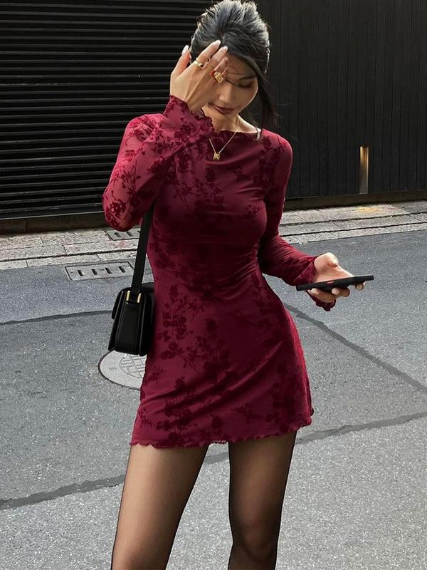 Women's Floral Print Lettuce Trim Bodycon Dress, Elegant Boat Neck Long Sleeve Mini Dress for Party Club Dating Wear, Women's Clothing for Fall & Winter