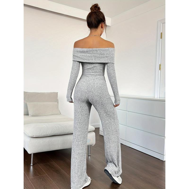 Ribbed Off Shoulder Jumpsuit, Casual Long Sleeve Jumpsuit For Spring & Fall, Women's Clothing