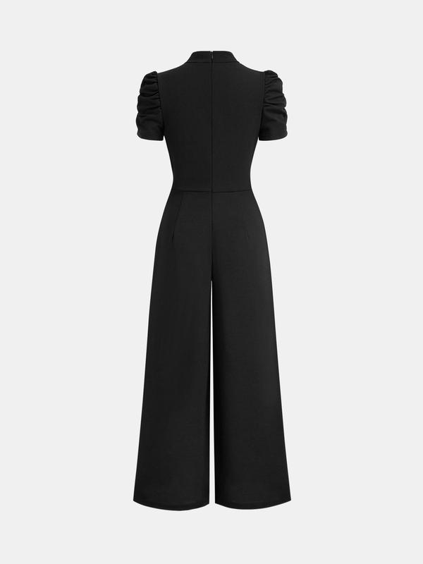 YOZY Christmas Deals, Women's Plain Ruched Wrap V Neck Jumpsuit, Elegant Short Sleeve High Waist Jumpsuit for Party Holiday Wedding Guest, Ladies Fall Clothes, Christmas 2024 Trend, Fall & Winter Clothes