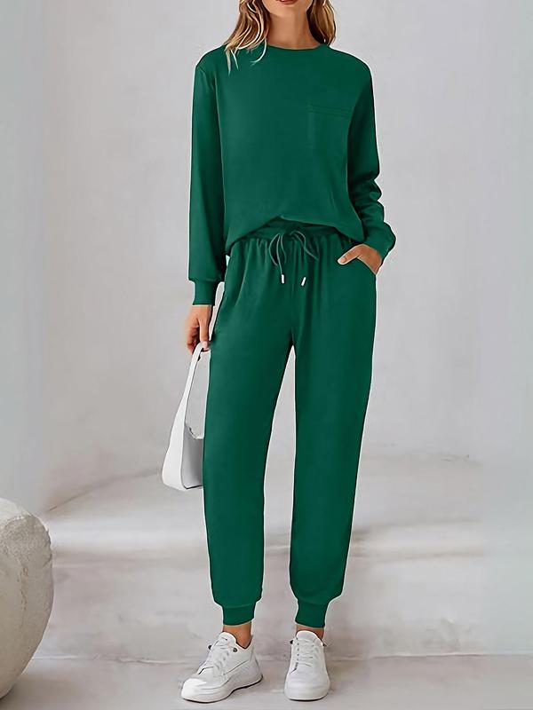 Women's Plain Long Sleeve Tee & Drawstring Waist Pants Set, Casual Round Neck Top & Trousers 2-piece Set for Fall & Winter,  Pants Suit Sets for Women, Women's Clothes for Daily Wear