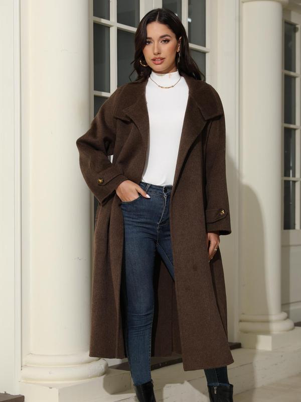 Women's Solid Color Button Front Belted Woolen Overcoat, Casual Pocket Design Long Sleeve Coat for Daily Outdoor Wear, Women Clothing for Fall & Winter