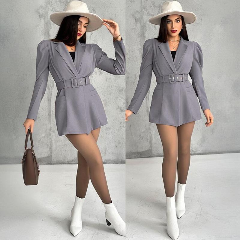 ChicMe Women's Notched Collar Puff Sleeve 2-in-1 Blazer Romper With Detachable Belt Elegant Formal Womenswear Outfit Overall