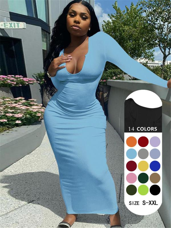 Women's Solid Notched Neck Bodycon Dress, Casual Long Sleeve Long Dress for Spring & Fall, Ladies Clothes for Daily Wear