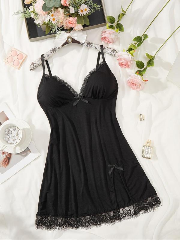 Women's Contrast Lace Bow Decor Split Thigh Cami Nightdress, Solid Spaghetti Strap Nightgown, Soft Comfortable Nightdress for Women