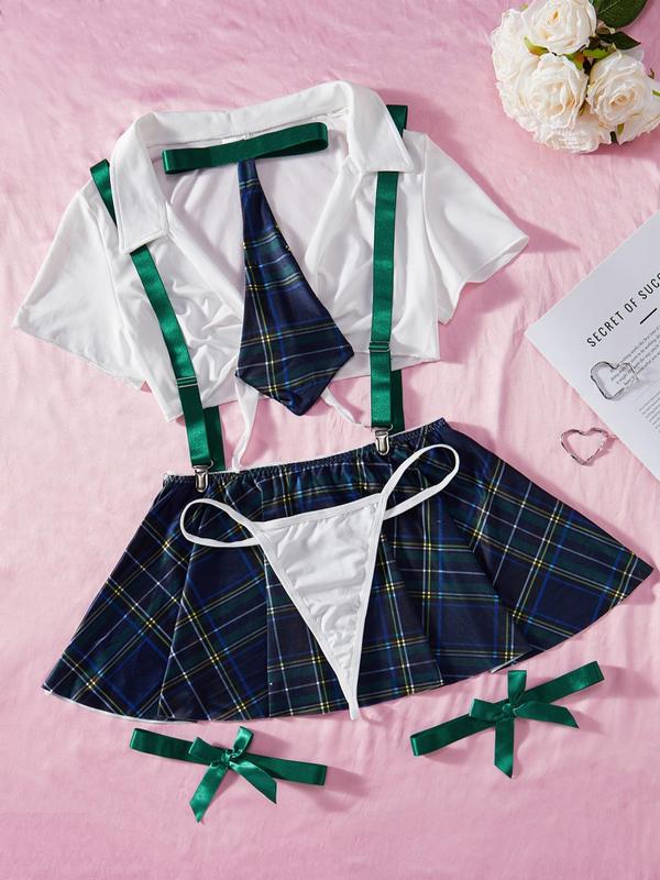 Women's Sexy Plaid Print Costume Set, Summer Clothes Women, Plain Collared Crop Top & Plaid Print Suspender Skirt & & Thong & Tie & Thigh Bands Set, Women's Lingerie & Underwear for Vacation Party Cospiay Back To School