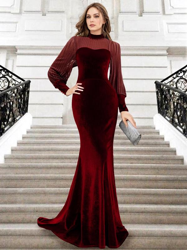 Women's Contrast Mesh Bishop Sleeve Mermaid Evening Dress, Elegant Mock Neck Long Sleeve Evening Party Gown, Ladies Spring & Fall Clothes