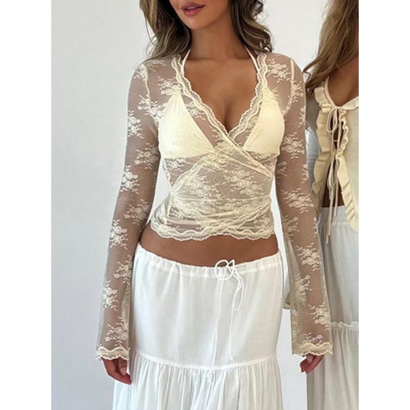 Women's Lace Crop Tops Casual Long Sleeve Deep V Neck Cross Wrap T-Shirts Basic Blouses Sleeve Bodysuits Lace Mesh See-Through V-Neck Ruched Buttons Bodycon Rompers Jumpsuits Streetwear