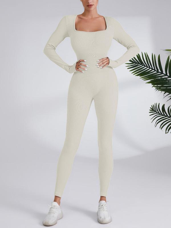 Women's Solid Long Sleeve Square Neck Sports Jumpsuit, Casual Sporty Seamless Jumpsuit, Women's Clothes for Spring & Fall