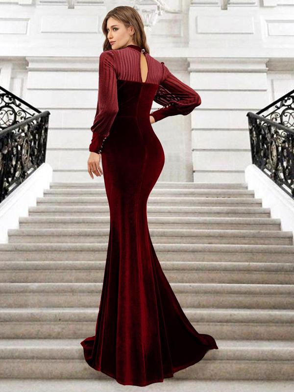 Women's Contrast Mesh Bishop Sleeve Mermaid Evening Dress, Elegant Mock Neck Long Sleeve Evening Party Gown, Ladies Spring & Fall Clothes