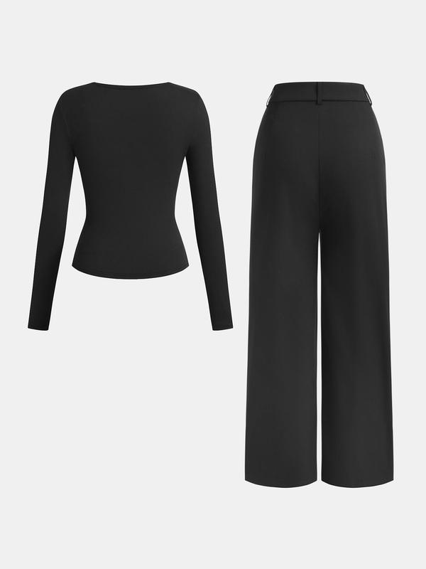 YOZY Two-piece Set Women's Plain Ruched Asymmetrical Neck Tee & Button Zipper Fly Plicated Pants, Casual Long Sleeve Top & Pocket Trousers for Fall & Winter, Women's Clothes for Daily Wear