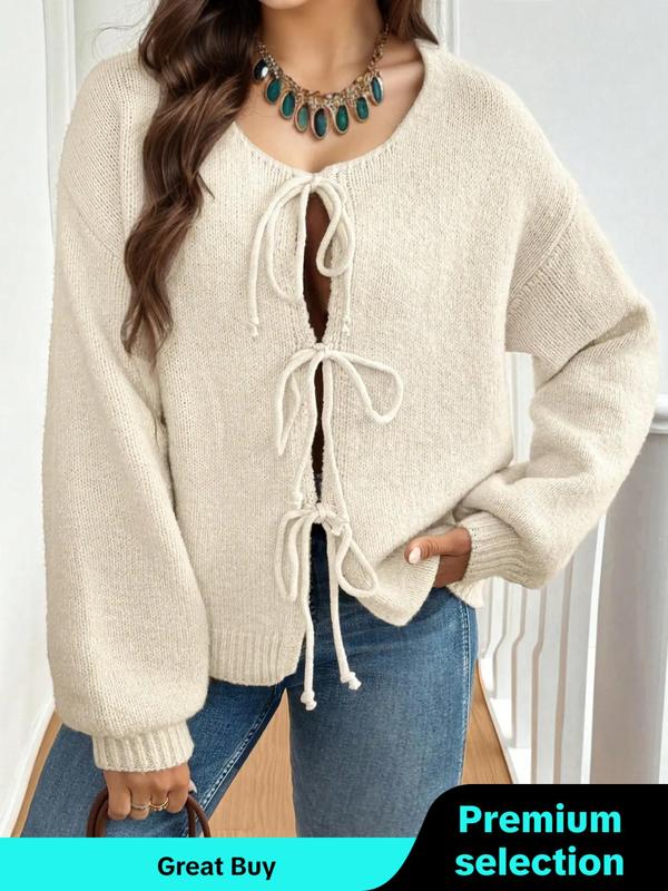  Solid Color Tie Front Drop Shoulder Sweater, Casual Long Sleeve Round Neck Jumper for Fall & Winter, Women's Plus Clothing for Daily Wear