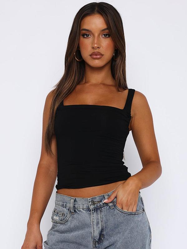 Women's Solid Backless Square Neck Crop Tank Top, Casual Sleeveless Ruched Cropped Backless Tops for Summer, Tank Tops for Women, Fashion Women's Tops for Daily Wear, Going Out Tops, Cute Tops for Women, Summer Outfits 2024