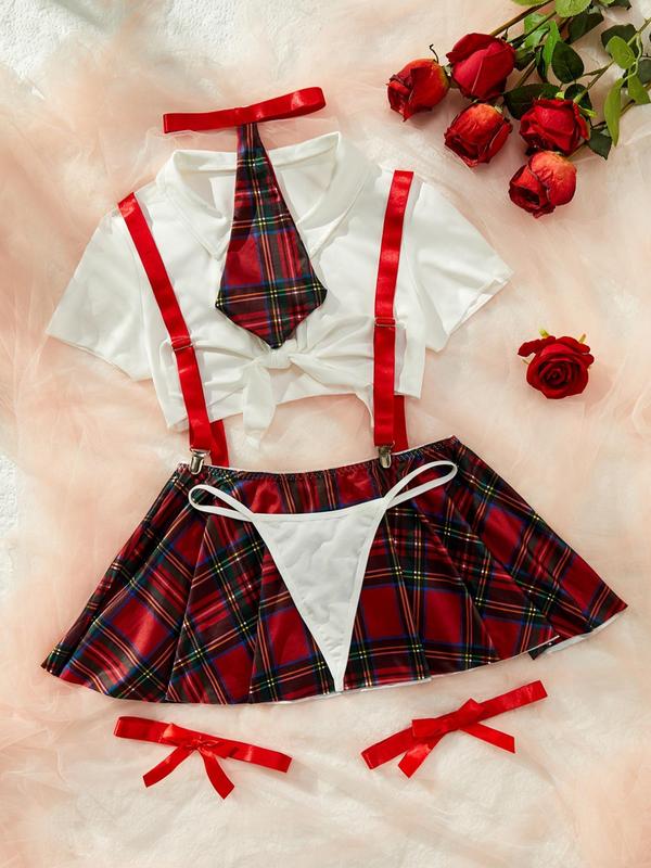 Women's Sexy Plaid Print Costume Set, Summer Clothes Women, Plain Collared Crop Top & Plaid Print Suspender Skirt & & Thong & Tie & Thigh Bands Set, Women's Lingerie & Underwear for Vacation Party Cospiay Back To School