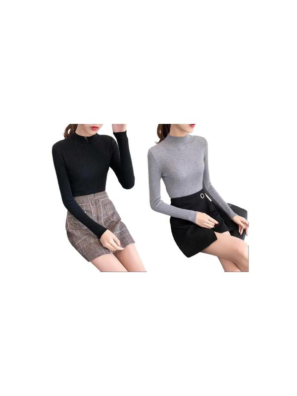 Women's Plain Mock Neck Sweater, Casual Slim-fit Long Sleeve Jumper For Fall & Winter, Women's Knitwear For Daily Wear