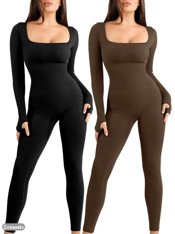 Women's Solid Color Thumb Hole Design Square Neck Shapewear Jumpsuit, Casual Comfy High Stretch Tummy Control Seamless Shaper Jumpsuit for Daily Wear, Ladies Shapewear for All Seasons