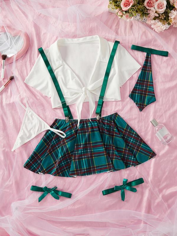 Women's Sexy Plaid Print Costume Set, Summer Clothes Women, Plain Collared Crop Top & Plaid Print Suspender Skirt & & Thong & Tie & Thigh Bands Set, Women's Lingerie & Underwear for Vacation Party Cospiay Back To School