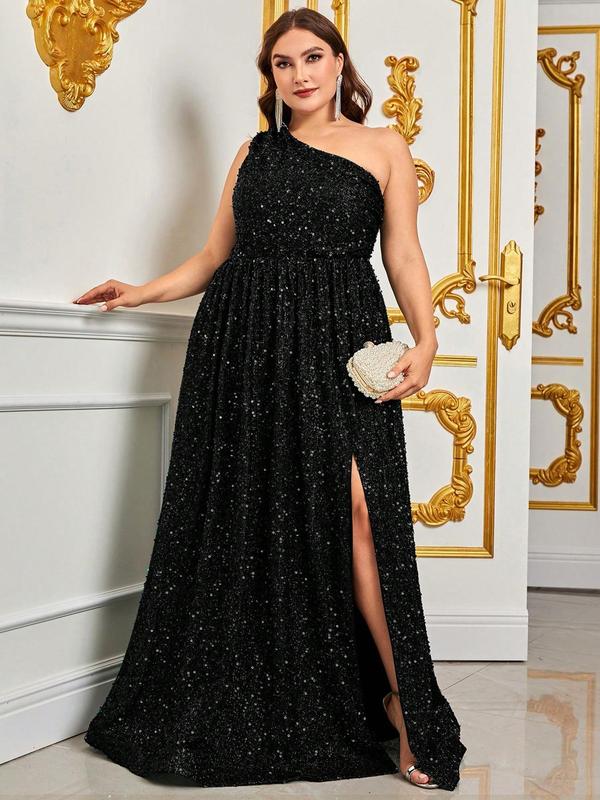 Womenswear Plus Size Split Thigh One Shoulder Sequins Evening Dress, Elegant Asymmetrical Neck Sleeveless Fit & Flare Dress for Party Banquet, Holiday Dress, Women's Clothes for All Seasons, Elegant Formal Dresses, Plus Size Dresses, Birthday Dresses 2024