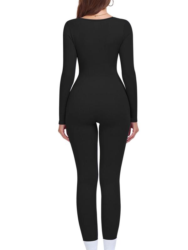 Women's Solid Color Thumb Hole Design Square Neck Shapewear Jumpsuit, Casual Comfy High Stretch Tummy Control Seamless Shaper Jumpsuit for Daily Wear, Ladies Shapewear for All Seasons