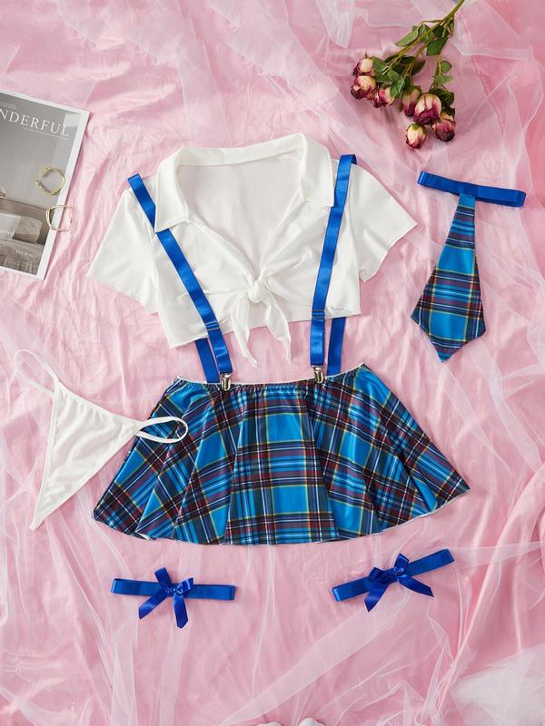 Women's Sexy Plaid Print Costume Set, Summer Clothes Women, Plain Collared Crop Top & Plaid Print Suspender Skirt & & Thong & Tie & Thigh Bands Set, Women's Lingerie & Underwear for Vacation Party Cospiay Back To School