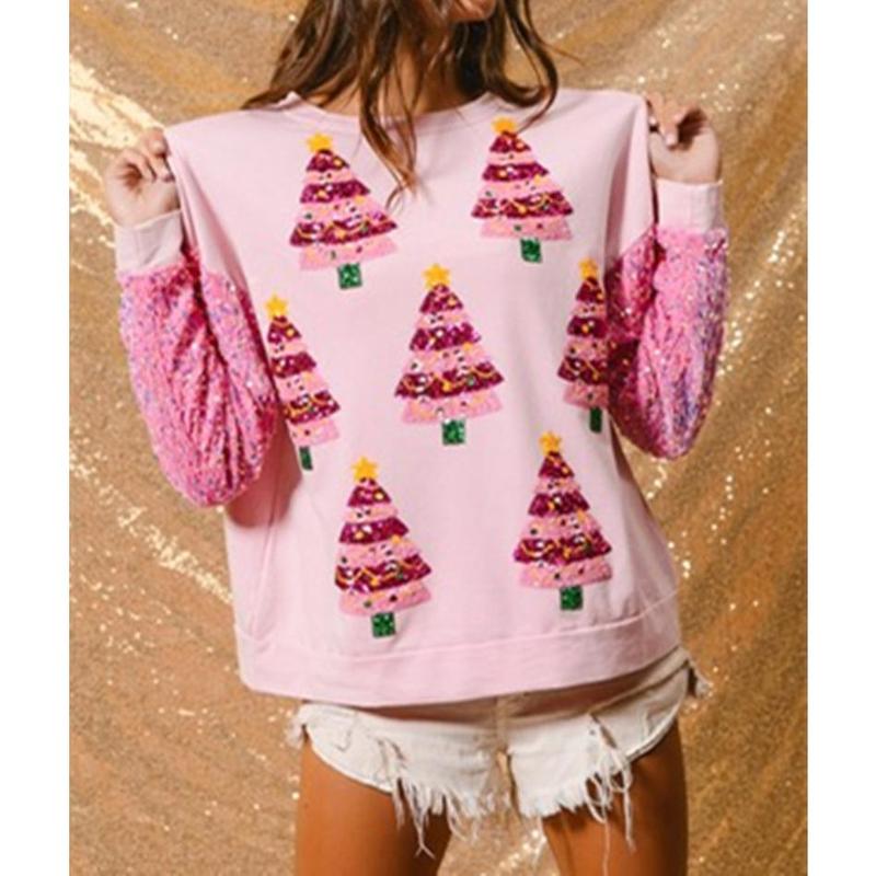 Women Christmas Sparkly Sequin Print Shirt   Christmas Sparkly Sequin Print Shirt  Women Cute Sweatshirt Crewneck Long Sleeve Pullover Sweatshirts Tops Christmas Decorations（Santa Claus  Christmas Tree   Christmas House） christmas sweatshirt