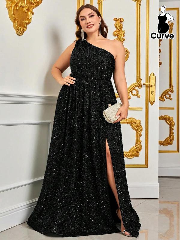 Womenswear Plus Size Split Thigh One Shoulder Sequins Evening Dress, Elegant Asymmetrical Neck Sleeveless Fit & Flare Dress for Party Banquet, Holiday Dress, Women's Clothes for All Seasons, Elegant Formal Dresses, Plus Size Dresses, Birthday Dresses 2024