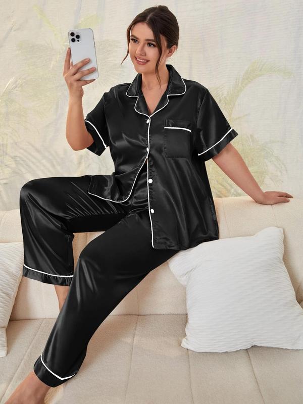 Plus Size Collared Button Front Satin Pyjama Set, Short Sleeve Pocket Top & Trousers Pj Set, Women's Two-piece Sleepwear Set for Summer