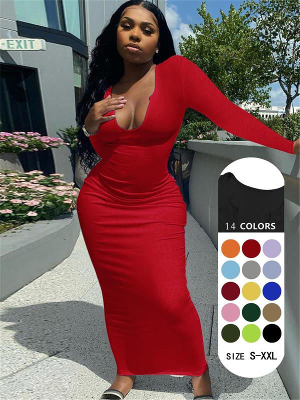 Women's Solid Notched Neck Bodycon Dress, Casual Long Sleeve Long Dress for Spring & Fall, Ladies Clothes for Daily Wear