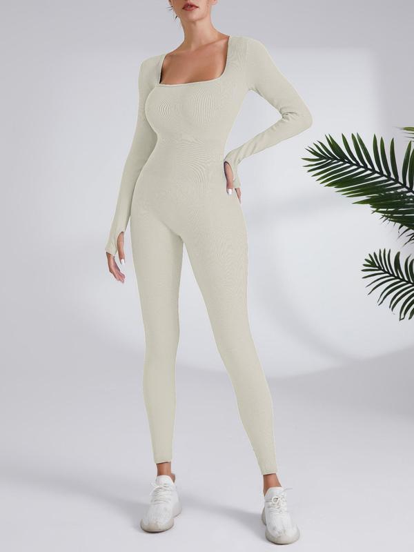 Women's Solid Long Sleeve Square Neck Sports Jumpsuit, Casual Sporty Seamless Jumpsuit, Women's Clothes for Spring & Fall