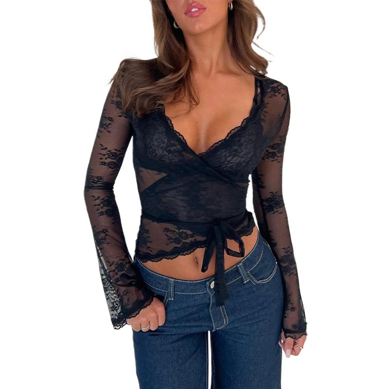 Women's Lace Crop Tops Casual Long Sleeve Deep V Neck Cross Wrap T-Shirts Basic Blouses Sleeve Bodysuits Lace Mesh See-Through V-Neck Ruched Buttons Bodycon Rompers Jumpsuits Streetwear