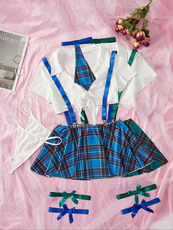 Women's Sexy Plaid Print Costume Set, Summer Clothes Women, Plain Collared Crop Top & Plaid Print Suspender Skirt & & Thong & Tie & Thigh Bands Set, Women's Lingerie & Underwear for Vacation Party Cospiay Back To School