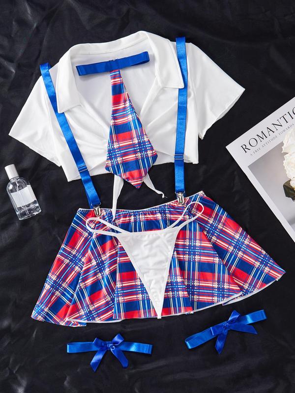 Women's Sexy Plaid Print Costume Set, Summer Clothes Women, Plain Collared Crop Top & Plaid Print Suspender Skirt & & Thong & Tie & Thigh Bands Set, Women's Lingerie & Underwear for Vacation Party Cospiay Back To School