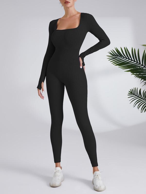 Women's Solid Long Sleeve Square Neck Sports Jumpsuit, Casual Sporty Seamless Jumpsuit, Women's Clothes for Spring & Fall