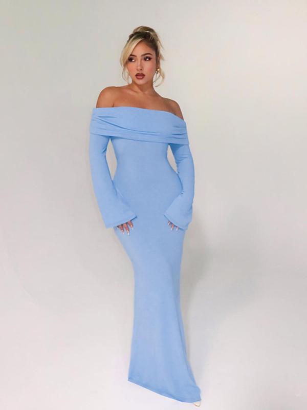 Women's Off The Shoulder Ruched Cut Out Bodycon Dress, Elegant Fashion Long Sleeve Maxi Dress for Party Club Dating Wear, Women Dress for Fall & Winter