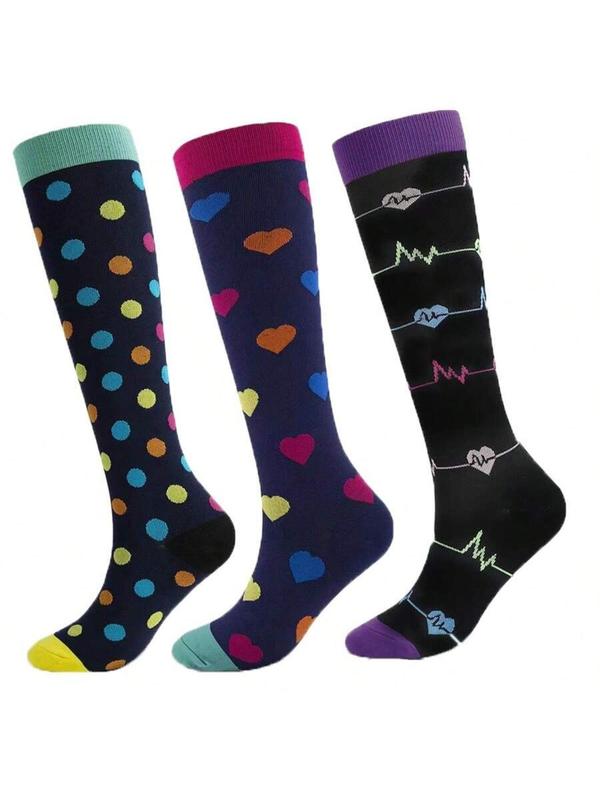 Women's Heart & Polka Dot Print Over The Calf Socks, Breathable Comfortable Compression Socks For Daily Outdoor Wear, Socks For Women & Girls