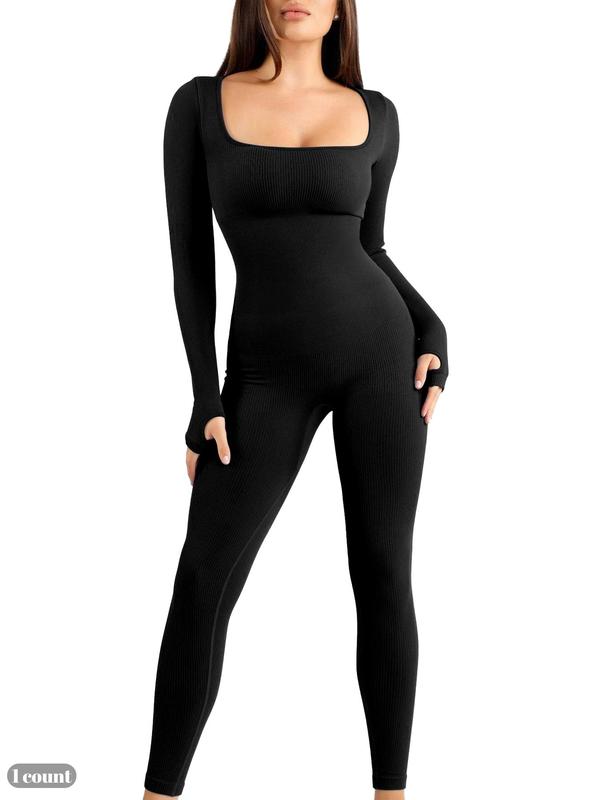 Women's Solid Color Thumb Hole Design Square Neck Shapewear Jumpsuit, Casual Comfy High Stretch Tummy Control Seamless Shaper Jumpsuit for Daily Wear, Ladies Shapewear for All Seasons