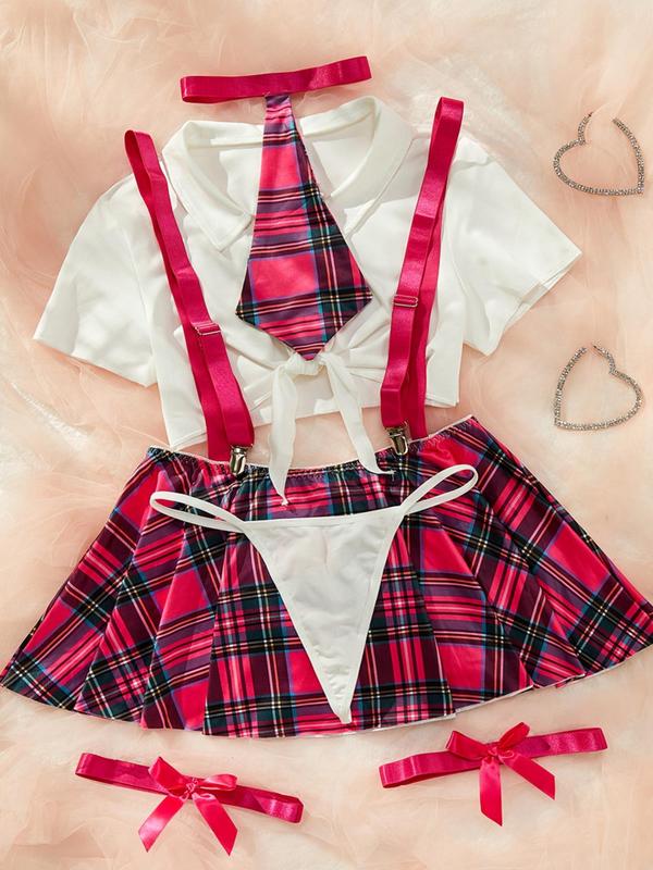 Women's Sexy Plaid Print Costume Set, Summer Clothes Women, Plain Collared Crop Top & Plaid Print Suspender Skirt & & Thong & Tie & Thigh Bands Set, Women's Lingerie & Underwear for Vacation Party Cospiay Back To School