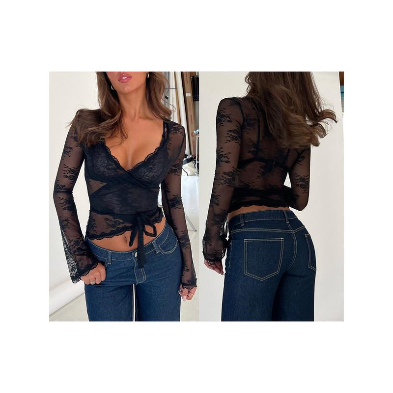 Women's Lace Crop Tops Casual Long Sleeve Deep V Neck Cross Wrap T-Shirts Basic Blouses Sleeve Bodysuits Lace Mesh See-Through V-Neck Ruched Buttons Bodycon Rompers Jumpsuits Streetwear