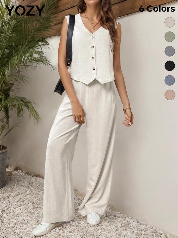 YOZY [6 colors, size 0 2-14] V Neck Vest & Elastic Waist Pants Set, Button Front Casual Sleeveless Top & Wide Leg Trousers, 2024 Women's Wear for Spring & Summer & Fall, XS-XXL