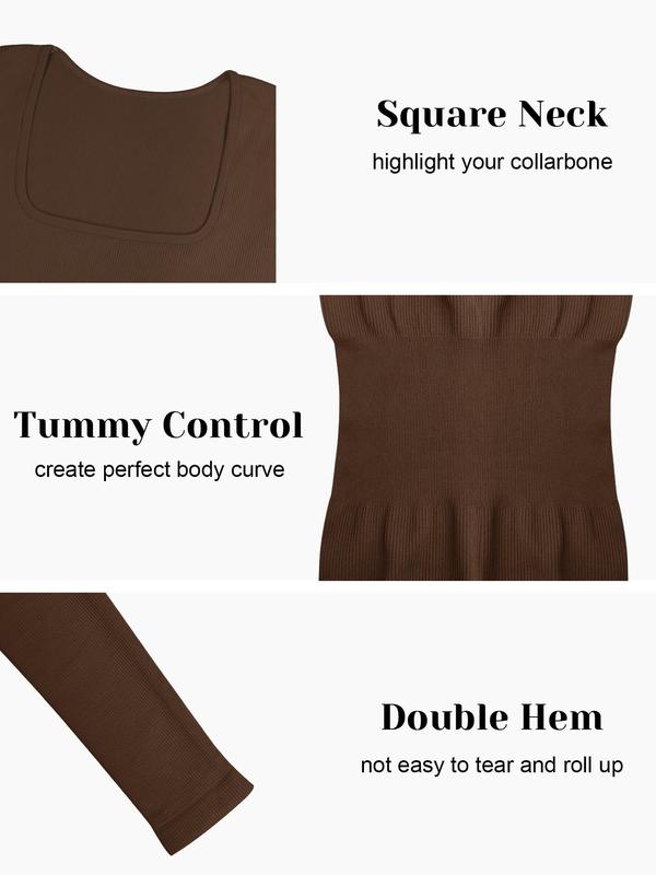 Women's Solid Color Thumb Hole Design Square Neck Shapewear Jumpsuit, Casual Comfy High Stretch Tummy Control Seamless Shaper Jumpsuit for Daily Wear, Ladies Shapewear for All Seasons