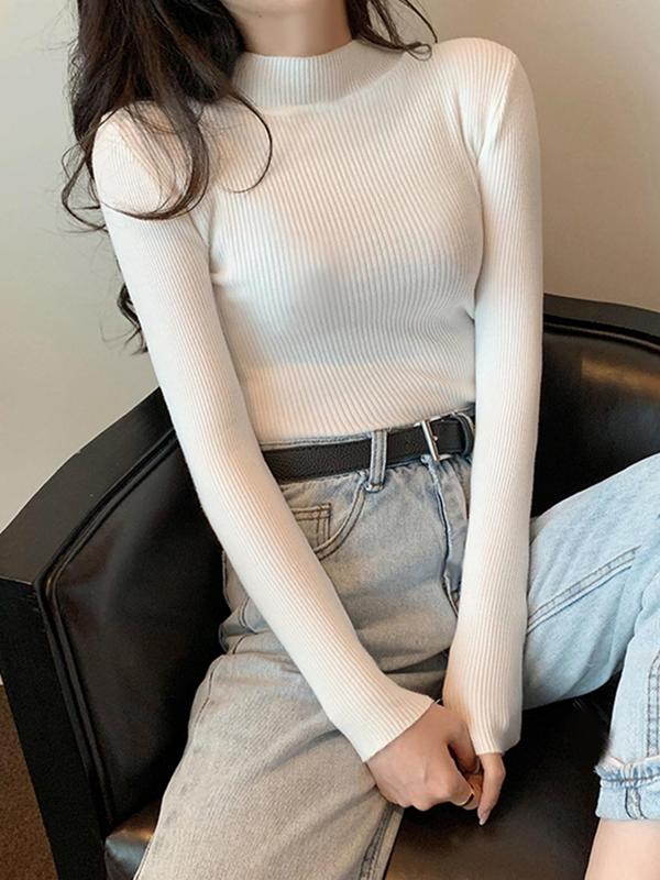 Women's Plain Mock Neck Sweater, Casual Slim-fit Long Sleeve Jumper For Fall & Winter, Women's Knitwear For Daily Wear