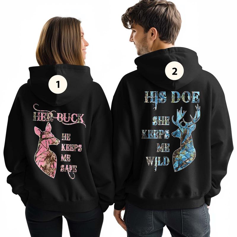 Her Buck His Doe Matching Couple Hoodie, Deer Hunting Couple Sweatshirt, She Keeps Me Wild He Keeps Me Safe Couple Shirt, His And Her, Valentine's Day, Anniversary Gifts